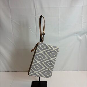 Myra Bag Boho Canvas & Leather Wristlet Clutch Geometric Print NWT